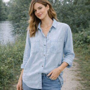 Rails SZ S Carter Chambray Denim Button Down White Lightening Bolts Lyocell